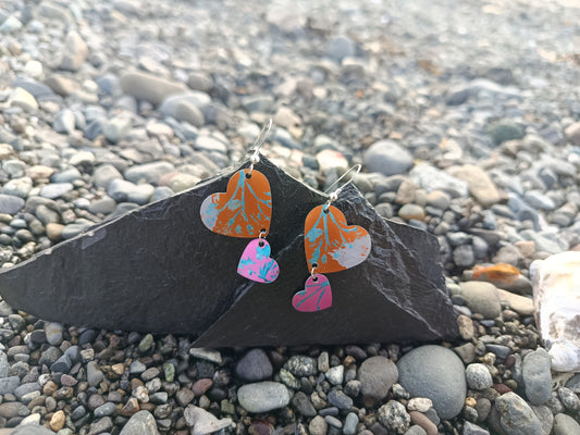 Dangling Hearts Orange and Pink Earrings