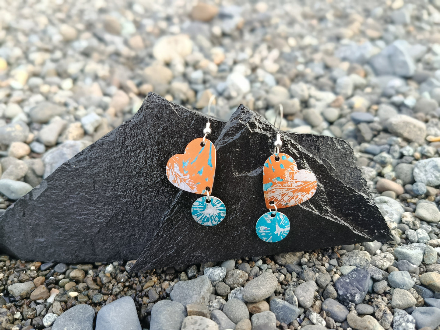 Dangling Hearts Orange and Blue Earrings