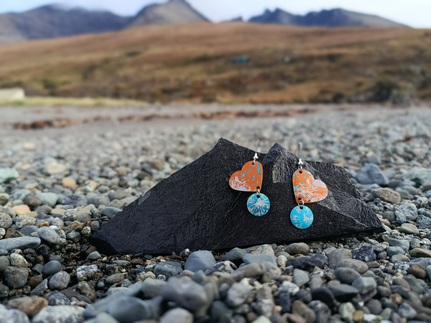 Dangling Hearts Orange and Blue Earrings
