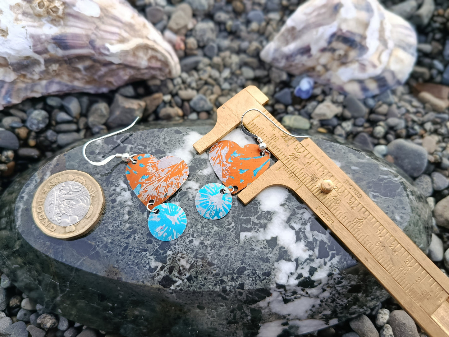 Dangling Hearts Orange and Blue Earrings